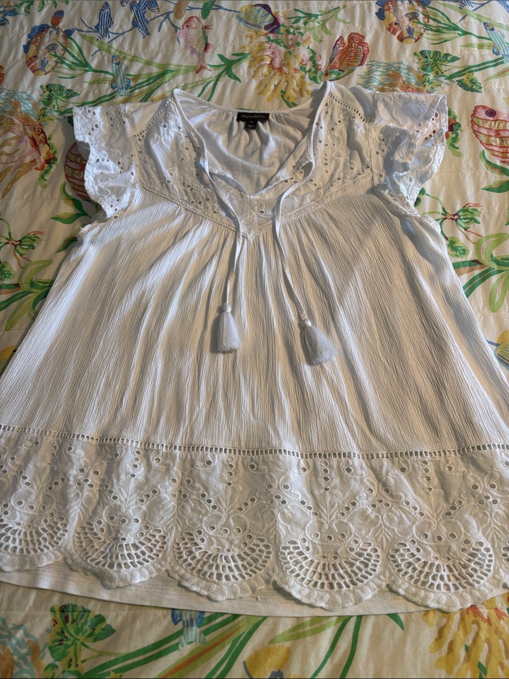 Style & Co. White Eyelet Tassel Peasant Top